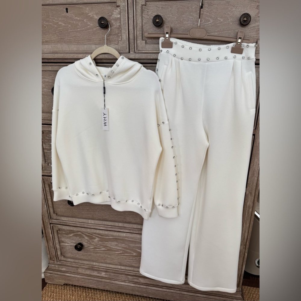 WHY Ivory matching pants and hooded top outfit with rhinestones. Size S